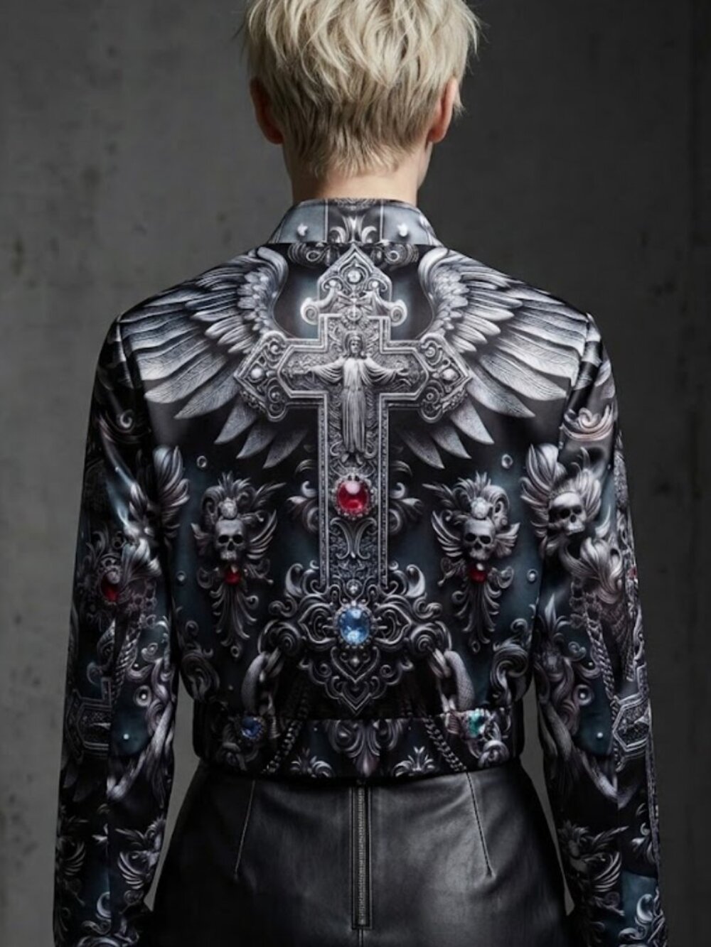 Biker Jesus Black Short Satin Jacket Bejeweled Gothic Silver Size XL Extra large